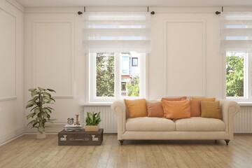 Modern minimalist interior with sofa on empty white color wall background. Interior mockup. Scandinavian interior design. 3D illustration