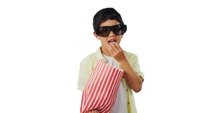 Popcorn, 3d movie and portrait of child for cinema on isolated, png and transparent background. Happy, glasses and young boy eating snack for watching tv, film and theatre show for entertainment