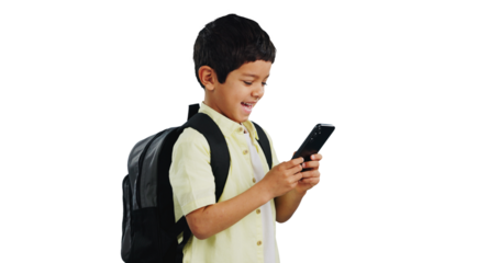 Isolated boy child, phone or texting with reading, laugh or smile at funny video by transparent png background. Kid, smartphone and scroll for comic meme, backpack or happy for education, game or app