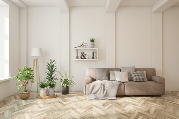 White living room with sofa. Scandinavian interior design. 3D illustration