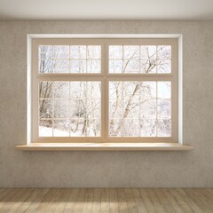 White empty  living room with winter landscape in window. Scandinavian interior design. 3D illustration