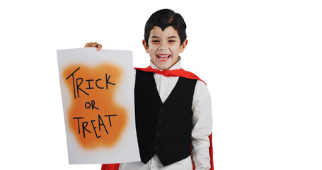 Happy boy, halloween and billboard in vampire costume, dress up or fashion isolated on a...