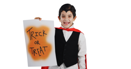 Happy boy, halloween and billboard in vampire costume, dress up or fashion isolated on a transparent PNG background. Portrait, child or kid with poster or sign for trick or treat, sweets and candy