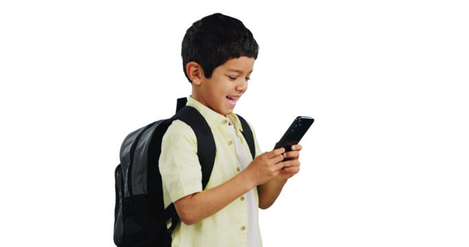 Isolated boy child, phone or texting with reading, laugh or smile at funny video by transparent png background. Kid, smartphone and scroll for comic meme, backpack or happy for education, game or app