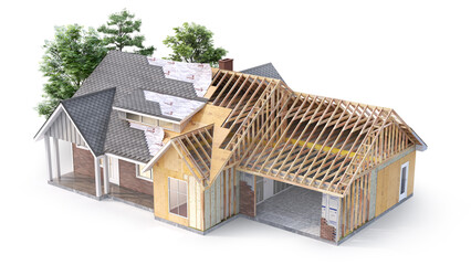 Unfinished frame house on a white background. 3d illustration