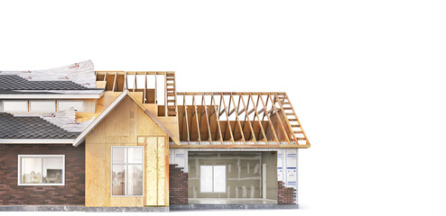 Unfinished frame house on a white background. 3d illustration