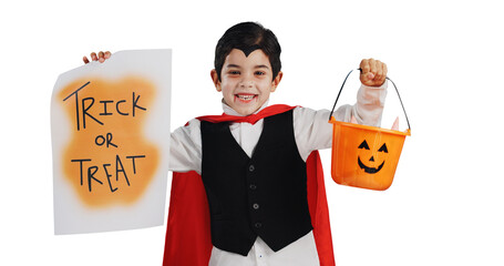 Happy boy, halloween and poster in vampire costume, dress up or fashion isolated on a transparent...