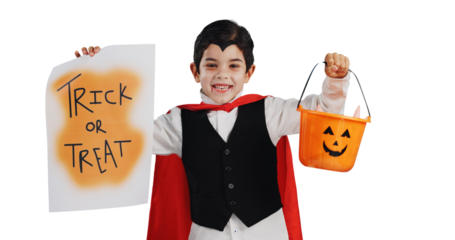 Happy boy, halloween and poster in vampire costume, dress up or fashion isolated on a transparent PNG background. Portrait, child or kid with basket and billboard for trick or treat, sweets and candy
