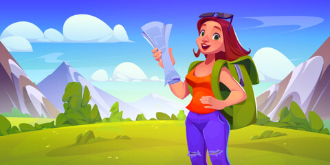 Obraz na płótnie Canvas Female tourist hiking in mountain valley. Vector cartoon illustration of young woman traveling with backpack and map, beautiful green landscape, blue sky, summer vacation, outdoor recreation activity