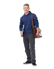 Laptop, student and portrait of man with bag on isolated, png and transparent background....