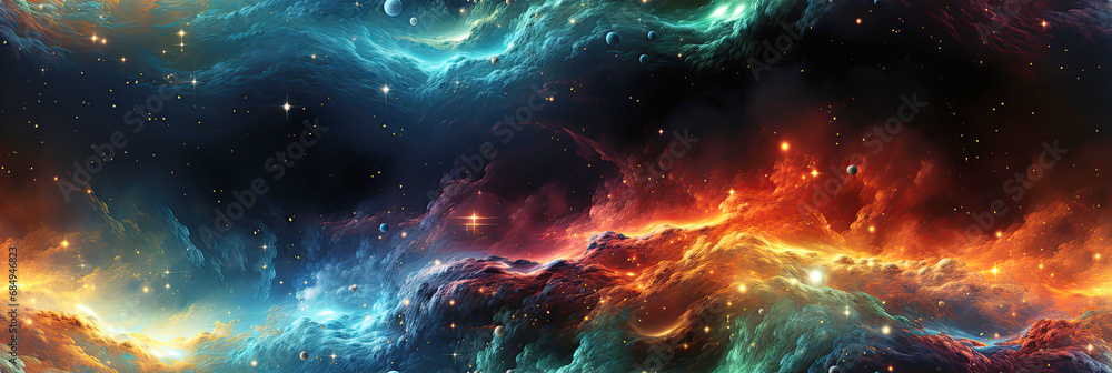 Wall mural seamless pattern with outer space with stars, universes and galaxies on dark multicolored background