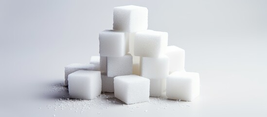 In a serene and isolated white background, a stack of pure, white tropical sugar cubes glisten like natural crystals, representing the sweet essence of sucrose derived from sugarcane reeds - a refined