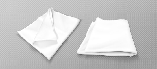 Folded white kitchen towels set isolated on transparent background. Vector realistic illustration of fabric handkerchief, tablecloth mockup for restaurant or home design, clean linen after laundry