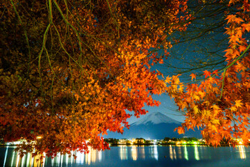 夜の富士山と紅葉