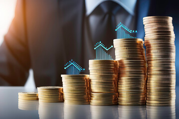 Stack of coins with digital graphic indicator symbolizing business investment and economic growth. Businessmen are making financial plans to achieve financial goals. - Powered by Adobe