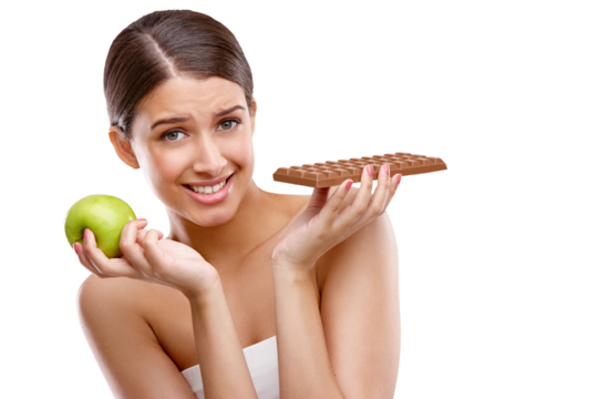 Isolated woman, chocolate and apple in portrait with confused face for choice by transparent png background. Girl, model and decision for nutrition, candy and fruits for wellness, diet and health