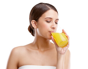 Isolated woman, drink orange juice and health with choice, thinking or detox by transparent png...