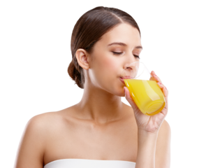 Isolated woman, drink orange juice and health with choice, thinking or detox by transparent png background. Girl, glass and citrus liquid for nutrition, vitamin c or wellness benefits for weight loss