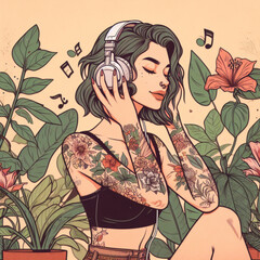 Girl lofi aesthetic hearing music with headphones