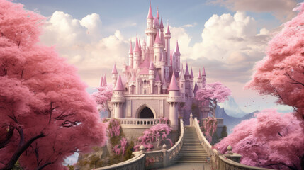a beautiful fairytale castle illustration with pink trees, notre dame cathedral - obrazy, fototapety, plakaty