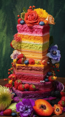 Vibrant Rainbow Layered Cake Adorned with Fresh Fruit