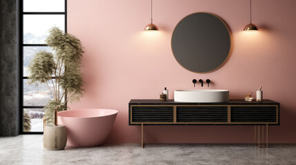 Modern minimalist bathroom interior, modern pink bathroom cabinet, white sink, wooden vanity, interior plants,