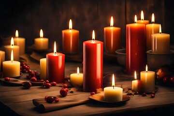 Fototapeta na wymiar Burning candles on table indoors