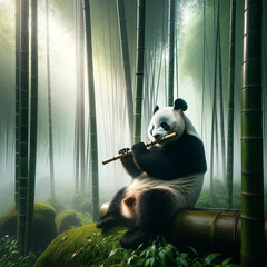 A generative of a panda bear playing a bamboo flute in a misty bamboo forest. The panda, with its...
