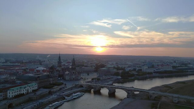 Perfect aerial top view flight
Sunset city Dresden Church Cathedral Bridge River. panorama overview drone
4k Landscape footage