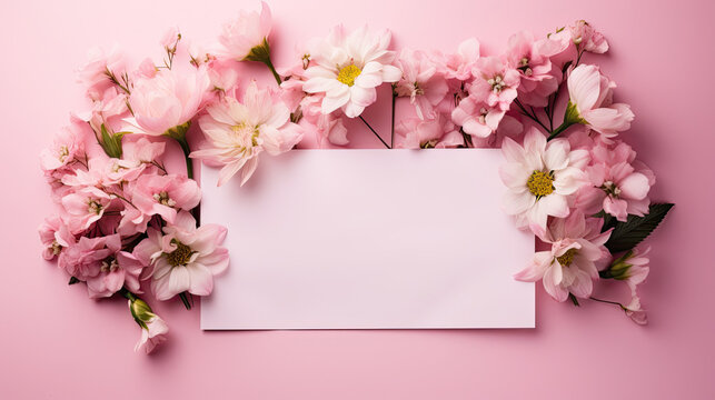 fresh blooming flowers of various colors and green leaves placed around empty pink photo frame on pink background 