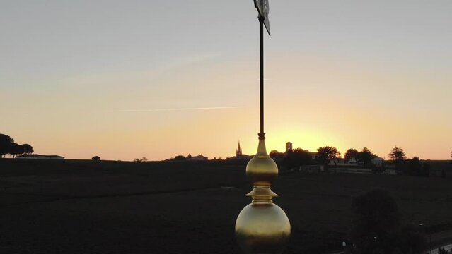 Architectural details of Chateau Angelus winery at Saint-Emilion in France. Aerial drone and sky for copy space at sunset