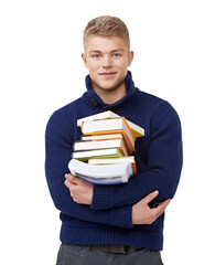 Learning, education and portrait of man with books on isolated, transparent or png background. University, knowledge and face of student with studying notebook, growth or upskill training literature © Mayur/peopleimages.com