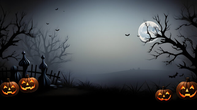 Free vector watercolor halloween background3d render of a haunting background with moon, planet and tree silhouette

