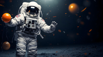 An astronaut with a planet and a sunset on the backgroundAstronaut in deep space

