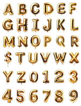 Alphabet and numbers Balloons. Helium balloons. Gold balloons for text, letter, holiday. Festive, realistic set. Letters from A to Z. Vector illustration.