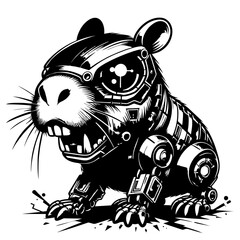 baby capybara cyborg black and white vector illustration
