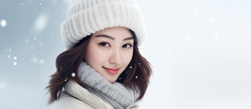In a snow-covered winter scenery, a beautiful young woman, dressed in cute white woolen clothes, stands alone against an isolated white background, a happy smile adorning her ethically ethnic portrait
