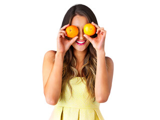 Woman, orange and fruits with diet for health wellness, vitamin c and organic nutrition with happiness. Young model, smile and citrus for healthy digestion and isolated on transparent png background