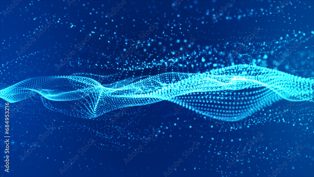 Poster flowing light blue dots and particles on deep blue background. abstract digital particle and dots wa