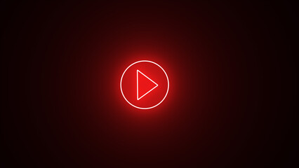 Glowing red color play button on black background. Play right navigate triangle arrow start button. Neon glowing play button with neon circle