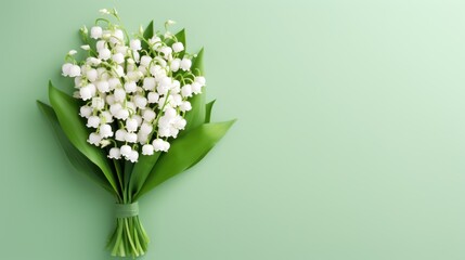 Bouquet of Lily of the Valley flowers on a Pastel Green background. Beautiful spring flowers. Copy space. Happy Women's Day, Mother's Day, Valentine's Day, Easter. Card.