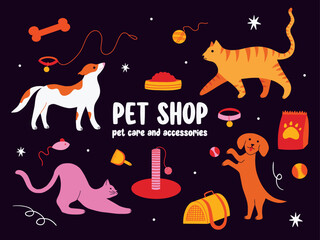Pet shop vector illustration set, Pet care bundle, Collection of cats and dogs supplies, toys, balls, accessories, equipment, products, food, bowl, transportation bag in cute flat cartoon funny style 