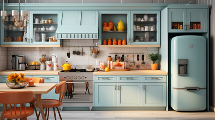 Décoration intérieure de cuisine avec du mobilier et de l'électroménager de couleurs