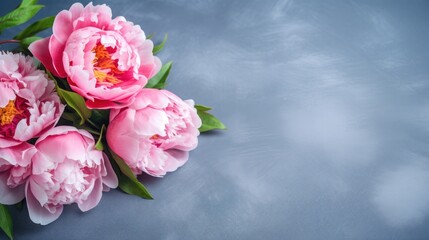 Bouquet of Peony flowers on a Denim background. Beautiful spring flowers. Copy space. Happy Women's Day, Mother's Day, Valentine's Day, Easter. Card.