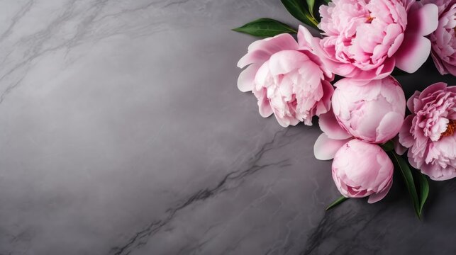 Bouquet of Peony flowers on a marble background. Beautiful spring flowers. Copy space. Happy Women's Day, Mother's Day, Valentine's Day, Easter. Card.