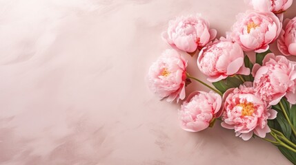 Bouquet of Peony flowers on a pink background. Beautiful spring flowers. Copy space. Happy Women's Day, Mother's Day, Valentine's Day, Easter. Card.