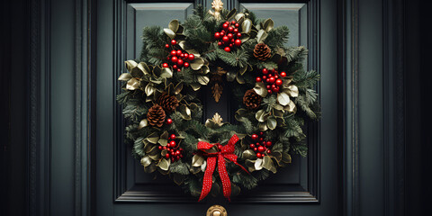 Fototapeta na wymiar Christmas wreath with red bow and berries on the door Door Decor with Red Bow and Berries