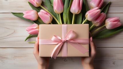 Mothers or Woman Day concept. woman hand holding pink gift with pink ribbon bow and tulips flower