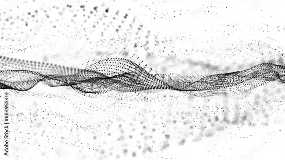 Poster flowing black dots and particles on a white background. abstract digital particle and dot wave light