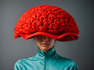 A hat in the shape of a brain on a woman head - Powered by Adobe